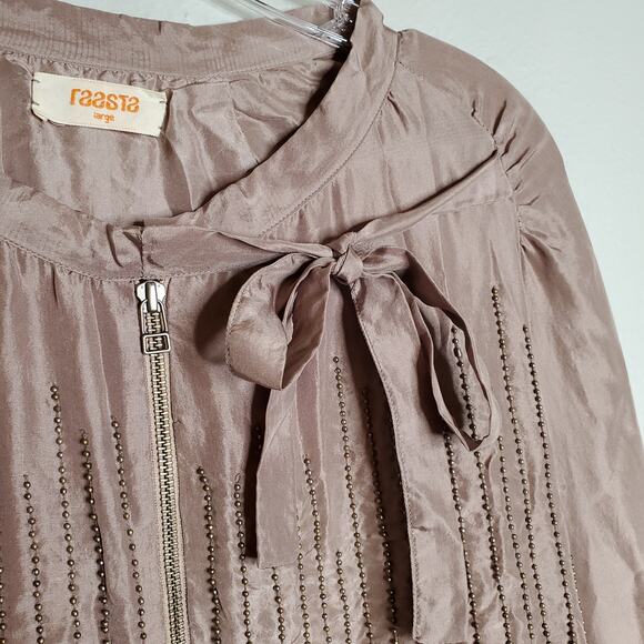 Raasta 100% Silk Beaded Bomber Jacket Size L Blush Pink Studded Bow Going Out - Picture 4 of 15